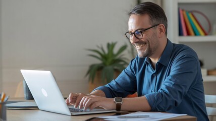 Fototapeta premium Businessman working on laptop, office workspace, professional environment, adult male