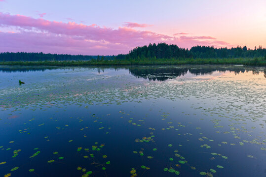 Sonnenuntergang am Elbsee bei Aitrang im bayerischen Ostallg&auml;u