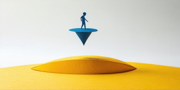 Minimalist papercraft scene. Figure stands atop inverted cone above yellow landscape. Stark contrast, simple forms, conceptual art.