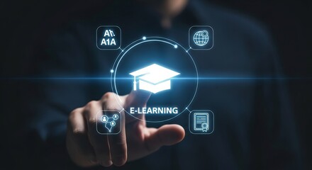Fototapeta premium Businessman Touching E-Learning Graduation Cap Icon on Virtual Interface for Online Academic Training