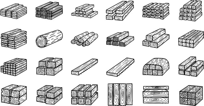 Construction  Woodworking Industry Wood Lumber Timber Icons Set. Hand Drawn Black and White Line Art of Logs, Planks, Boards, and Stacks.