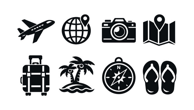 Travel icon set vector featuring airplane globe camera map luggage palm trees compass flip flops silhouette