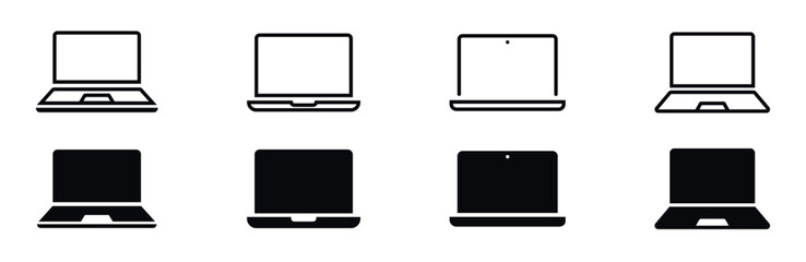 Minimalist laptop silhouette icons various styles electronic device vector set black and white © 11ua