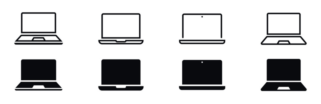 Minimalist laptop silhouette icons various styles electronic device vector set black and white