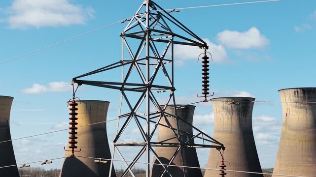 Close view of high voltage tower with insulators and wires against nuclear cooling towers. Electricity transmission equipment with industrial power plant background and blue sky. Energy infrastructure