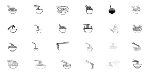 Naklejka premium Minimalist Ramen and Noodle Bowl Icon Set – Hand-Drawn Japanese Cuisine Doodles for Restaurants, Menus, and Food Branding
