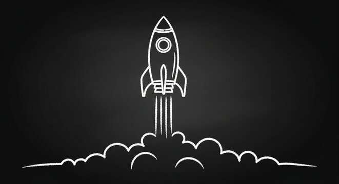Simple white chalk drawing of a powerful space rocket taking off with plumes of fire and smoke trailing underneath the main engine