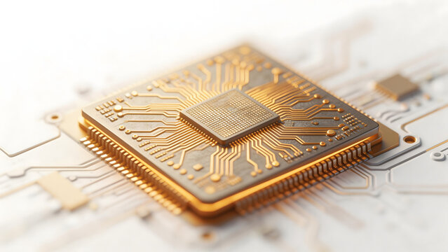 Closeup of a golden circuit board chip