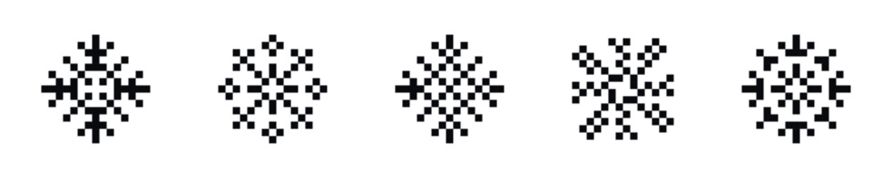 Geometric pixel snowflake set, abstract black and white vector, seasonal winter design elements