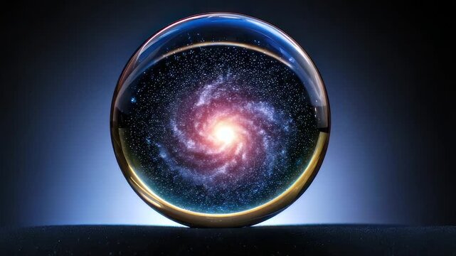 A cosmos encased in a reflective sphere, showcasing a galaxy with a brilliant, central glow