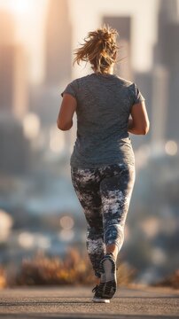 The plus-size runner traverses a city bridge at sunrise, illustrating a health‑conscious and motivational fitness theme