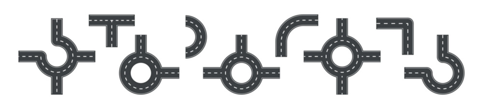 Collection of road elements for traffic design, includes roundabouts and turns, flat vector illustration