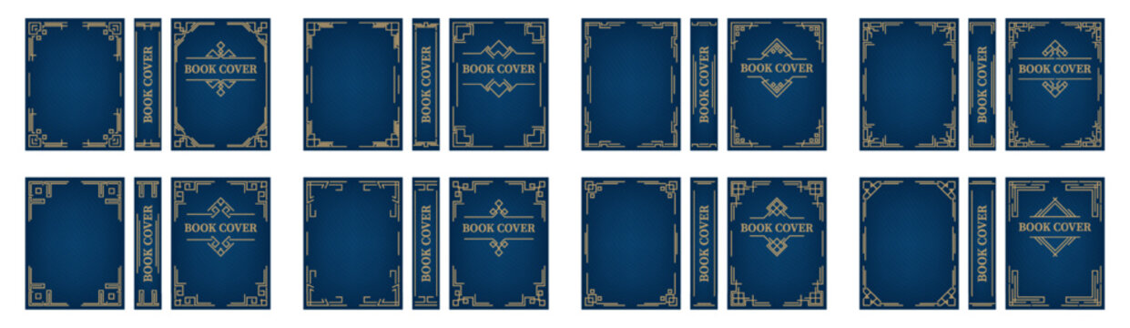 Book cover collection with decorative vintage frames and spine layouts. Elegant gold lines on dark blue backgrounds for classic publishing style