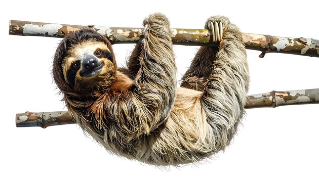 A sloth hanging from a branch looking at the camera