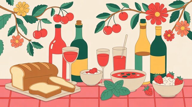 Delicious summer picnic, wine and food, fresh fruits, outdoor dining, still life