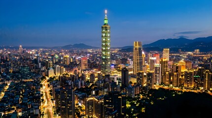 Naklejka premium Stunning Night View of Taipei 101 and City Skyline in Taiwan
