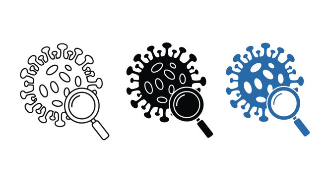 Microscopic view of virus particles being examined under a magnifying glass, representing scientific research