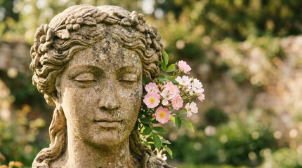 Fototapeta premium Stone statue of a woman with closed eyes decorated with pink flowers in a garden. Antique bust representing peace and beauty. Spiritual art for cemetery memorial or religious decor.