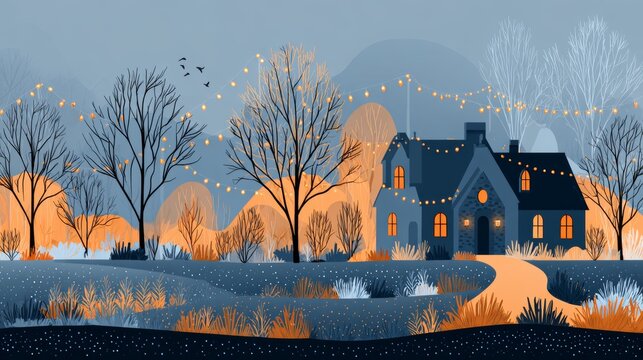 The cartoon depicts a home featuring outdoor lighting, a cozy living room, and a sunset, photographed with a Nikon Z7 35mm lens