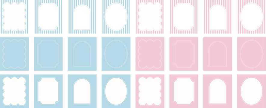 Pastel vintage frames collection with striped and solid backgrounds in soft blue and pink colors. Decorative retro label templates with oval and square shapes for invitations, branding and packaging