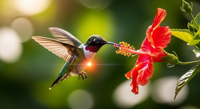 Hummingbird sipping nectar from a bright red hibiscus flower, with soft green bokeh background and sun flare