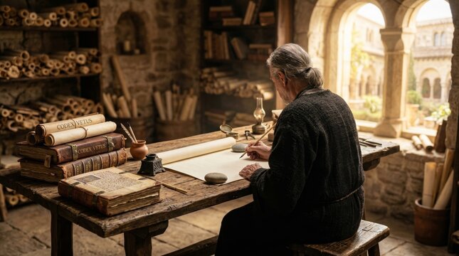 Monk writing on parchment in ancient library. Old man transcriber working on manuscript with quill. Historical catholic monastery interior. Concept of faith, theological study and bible.