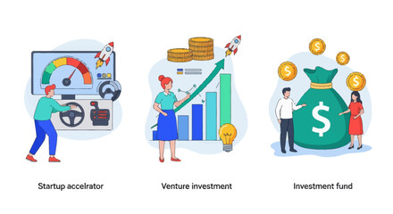 Fototapeta premium Start up accelerator, Venture investment, investment fund. Business incubator abstract concept vector illustration set.