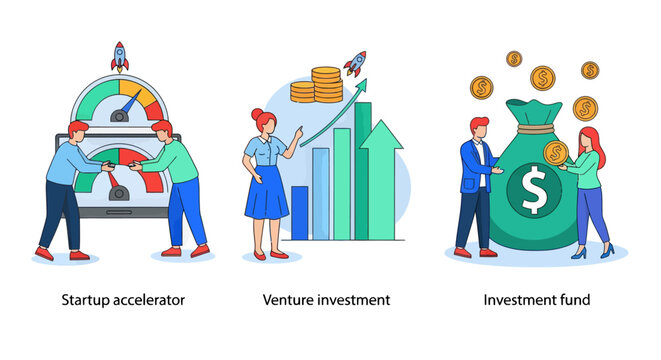 Start up accelerator, Venture investment, investment fund. Business incubator abstract concept vector illustration set.