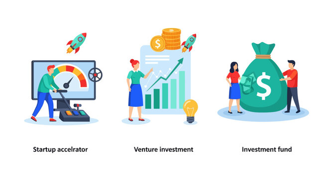 Start up accelerator, Venture investment, investment fund. Business incubator abstract concept vector illustration set.