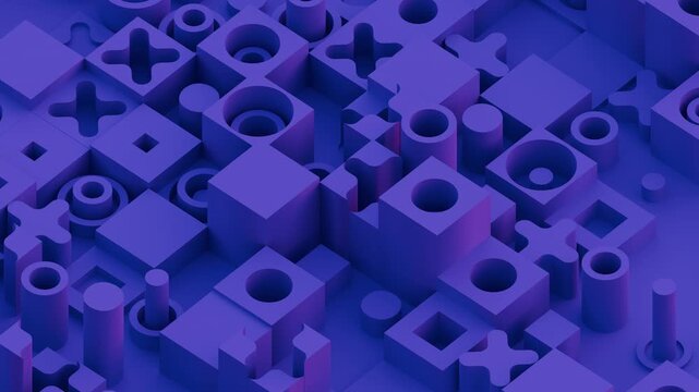 Seamless looping 3D isometric grid of blue blocks, crosses, and cylinders symbolizing fintech big data. Abstract animation 4k seamless looped video 3d render.