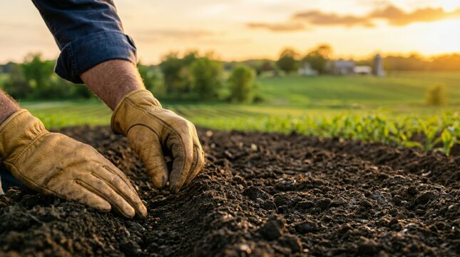 Farmer planting seed in soil during sunset. Man agricultural work in garden field. Concept of growth, nature, faith, parable of sower in Bible, christianity and catholic life.