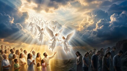 Fototapeta premium Jesus Christ with group of people looking at flying angels in heaven. Religious spiritual scene with divine light and clouds. Conceptual illustration of faith, salvation and afterlife.