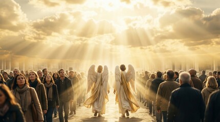 Fototapeta premium Two angels walking through a crowd of people toward the bright divine light. Religious manifestation of heaven. Concept of faith, salvation, and spiritual guidance for Easter holiday.