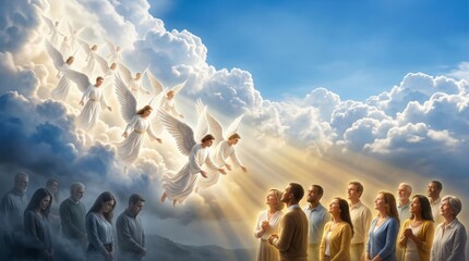 Fototapeta premium Group of people looking up at flying angels in heaven. Hopeful crowd witnessing divine miracle in sky. Religious concept of ascension, spiritual enlightenment and faith in afterlife.