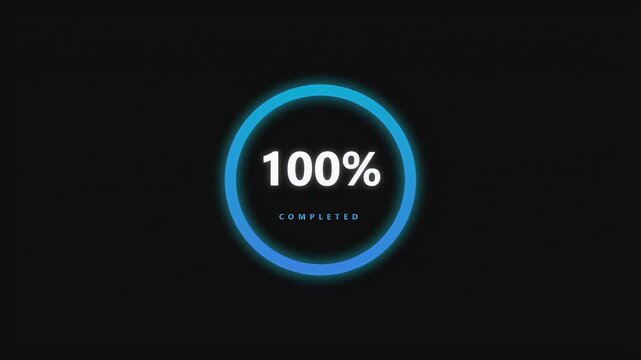 A glowing blue circular progress bar shows downloading 100 percent completion on a dark background