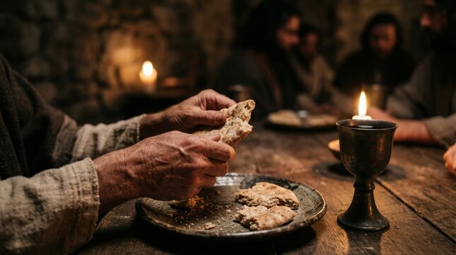 Jesus breaking bread at the Last Supper with disciples at a wooden table in a stone room. Biblical scene depicting communion and faith. Historical religious gathering with candlelight.
