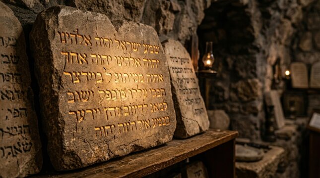 Stone tablet with ancient Hebrew text carvings. Religious relic symbolizing the ten commandments. Biblical artifact representing faith, history and divine law for spiritual reflection.