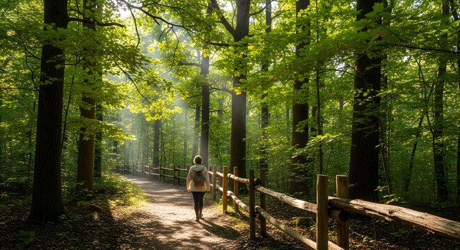 Solitary traveler strolling on a narrow earth trail amidst towering ancient trees within a lush verdant woodland forest filled with vibrant emerald foliage and natural sunlight shadows.
