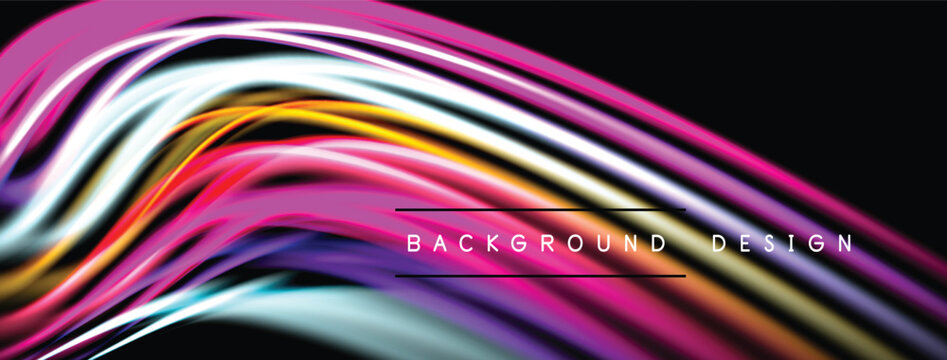 Abstract colorful waves flow across black background. Dynamic lines create modern visual effect. Bright hues blend seamlessly.