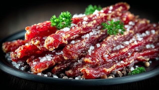 Thin, red dried meat strips seasoned with spices on a dark plate, serving as a beef jerky or biltong snack with pepper and herb seasoning, emphasizing its savory protein texture