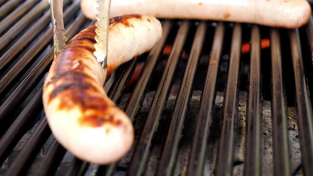 Close-up view of tasty pork sausages grilling on a hot charcoal grill grate. The sizzling meat is turned and cooked to perfection over flames and smoke, showcasing a delicious outdoor barbecue experie