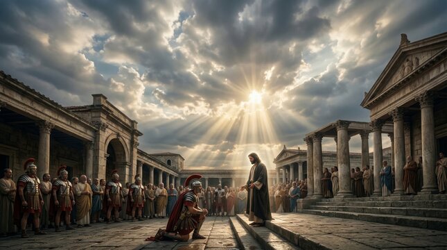 Jesus Christ standing before a kneeling Roman centurion in a historic courtyard. Biblical scene of faith and devotion. Spiritual encounter for Christian education and religious art.