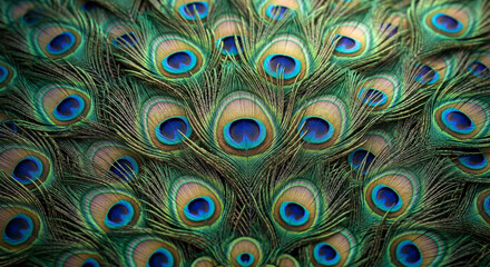Fototapeta premium Dense peacock feather arrangement filling frame, layered textures, shimmering iridescent colors, studio lighting, high dynamic range, elegant natural pattern.