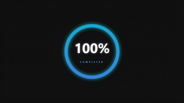 A glowing blue circular progress bar displays 100 percent completion with the word completed underneath.