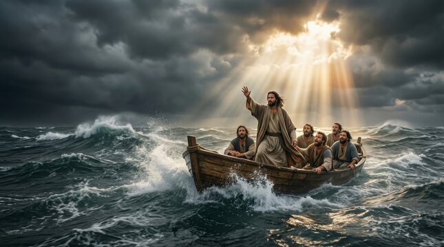 Jesus Christ calming the storm while on a boat with apostles. Biblical scene of a miracle on a rough sea. Divine intervention and faith concept in historical religious art illustration.