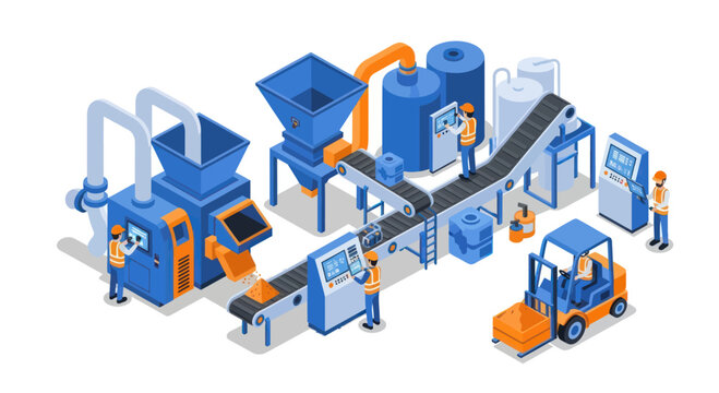 Isometric Plastic Recycling Plant with Workers and Machinery.