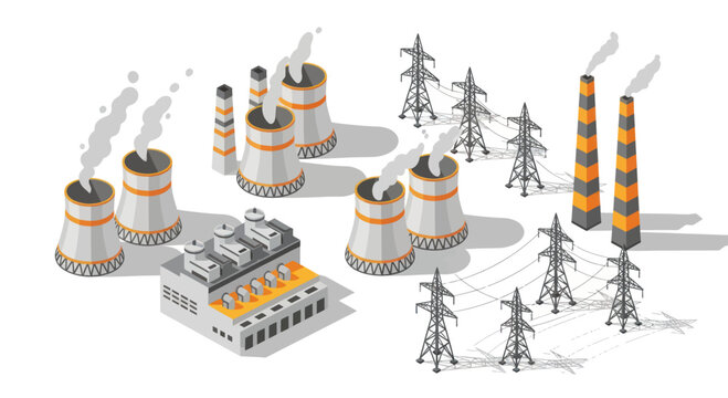 Isometric Power Plant and Electricity Generation Infrastructure.