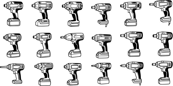 Black and White Line Art Vector Set of Construction and DIY Power Tools, Cordless Drills, Impact Drivers, and Screwdrivers for Work and Home Repair