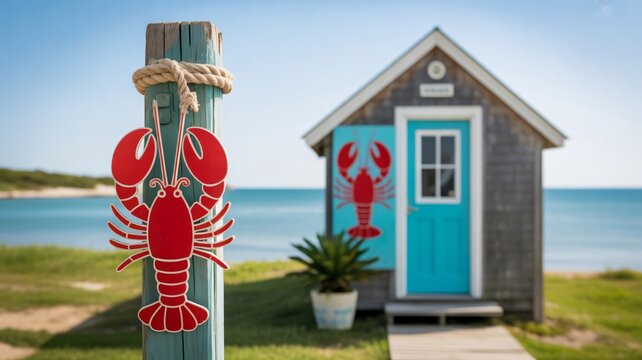 Coastal, beach, lobster, wooden hut, nautical decor, ocean view, vacation, summer, cottage, shack