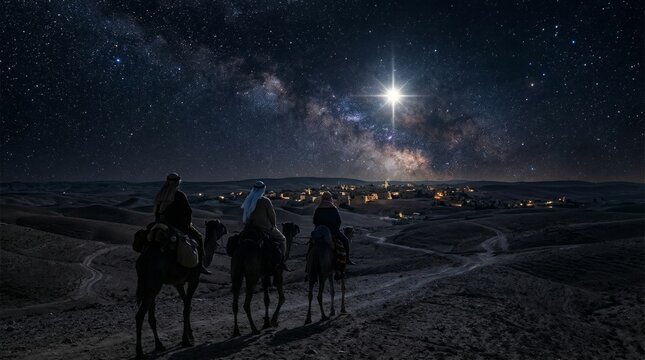 Three wise men riding camels toward Bethlehem under the bright star. Nativity scene with biblical travelers in the desert at night. Christmas religious celebration and spiritual journey.